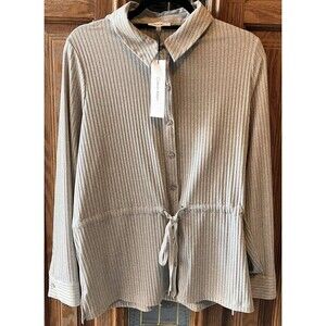 NWT Calvin Klein Women's Cinch Waist Buttoned Grey Rib Knit Button up Gray Top L